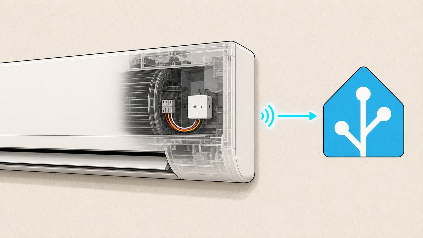Mitsubishi air conditioner connected to an AtomS3 Lite that communicates with Home Assistant