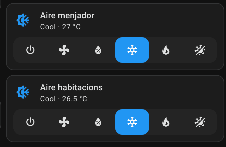 Home Assistant dashboard showing the dining room and bedroom air conditioners