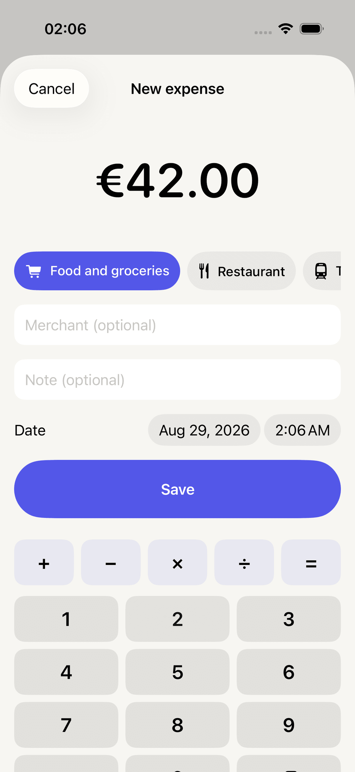 Cèntim expense calculator for entering and adjusting a purchase amount