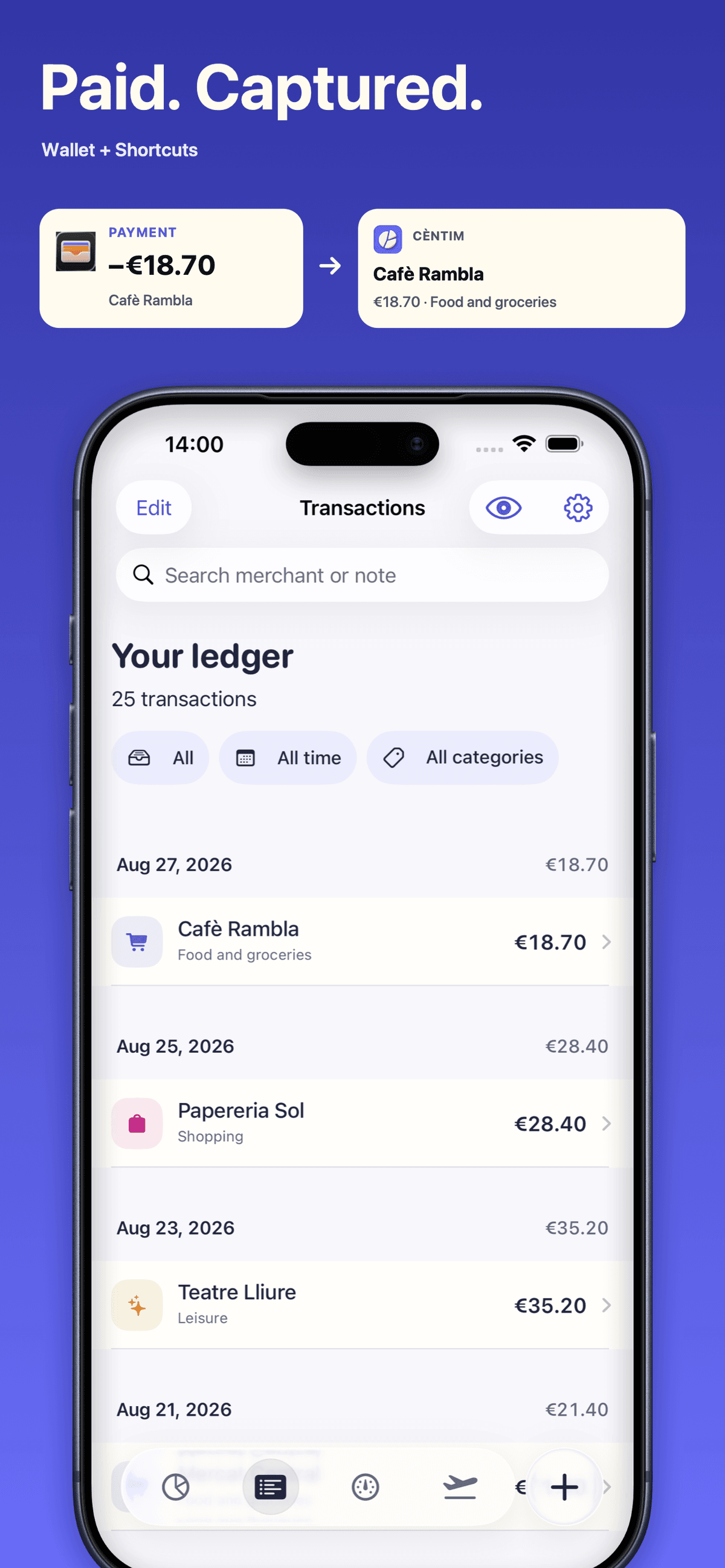Cèntim Wallet capture showing a payment notification and the resulting expense in the transaction list