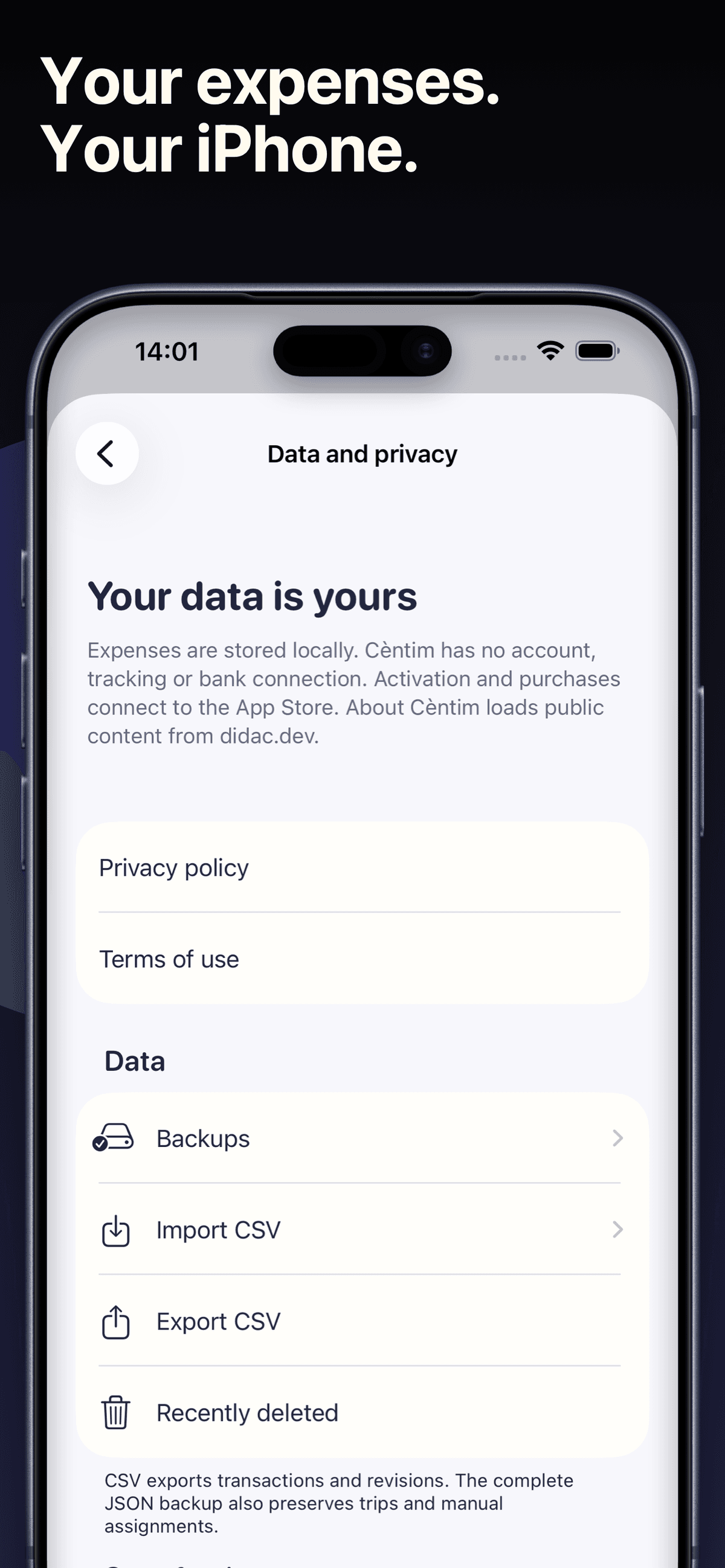 Cèntim data and privacy settings for backups, imports, exports, deleted expenses, and reset