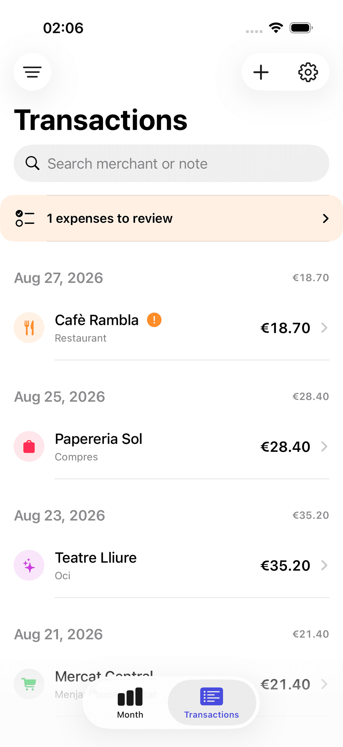 Cèntim transaction list with search and review controls