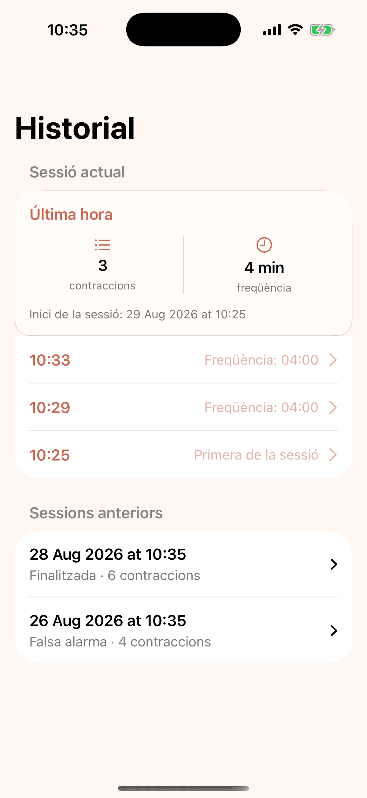 Contraccions history showing the current and previous timing sessions