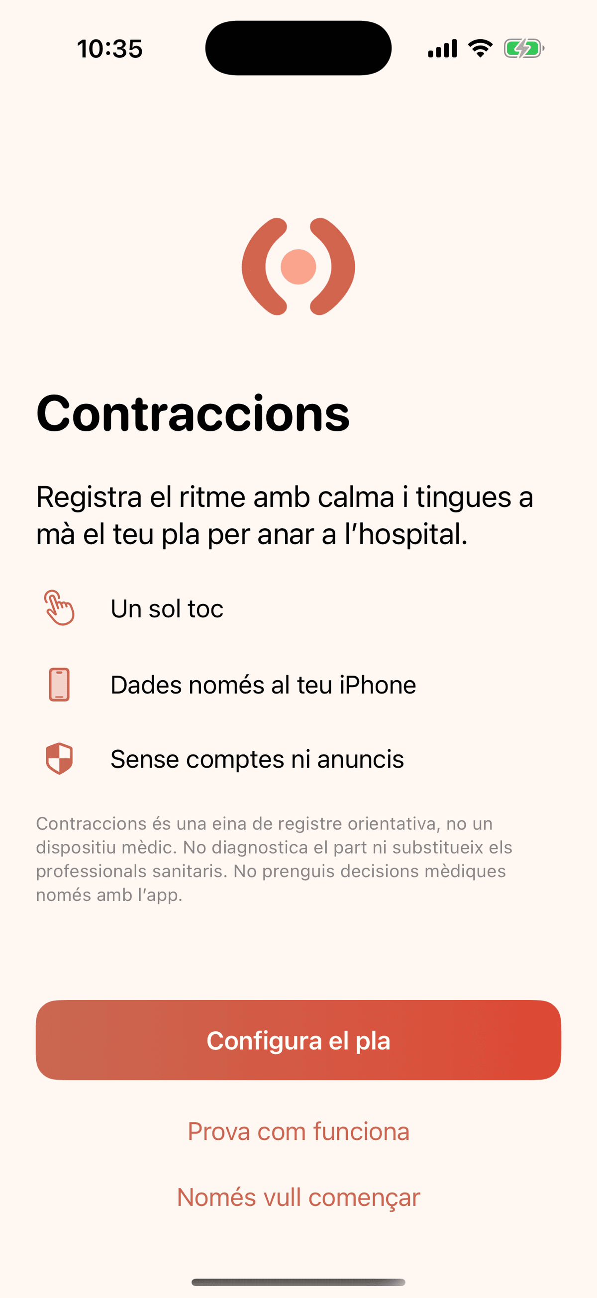 Contraccions welcome screen explaining its private, one-tap approach