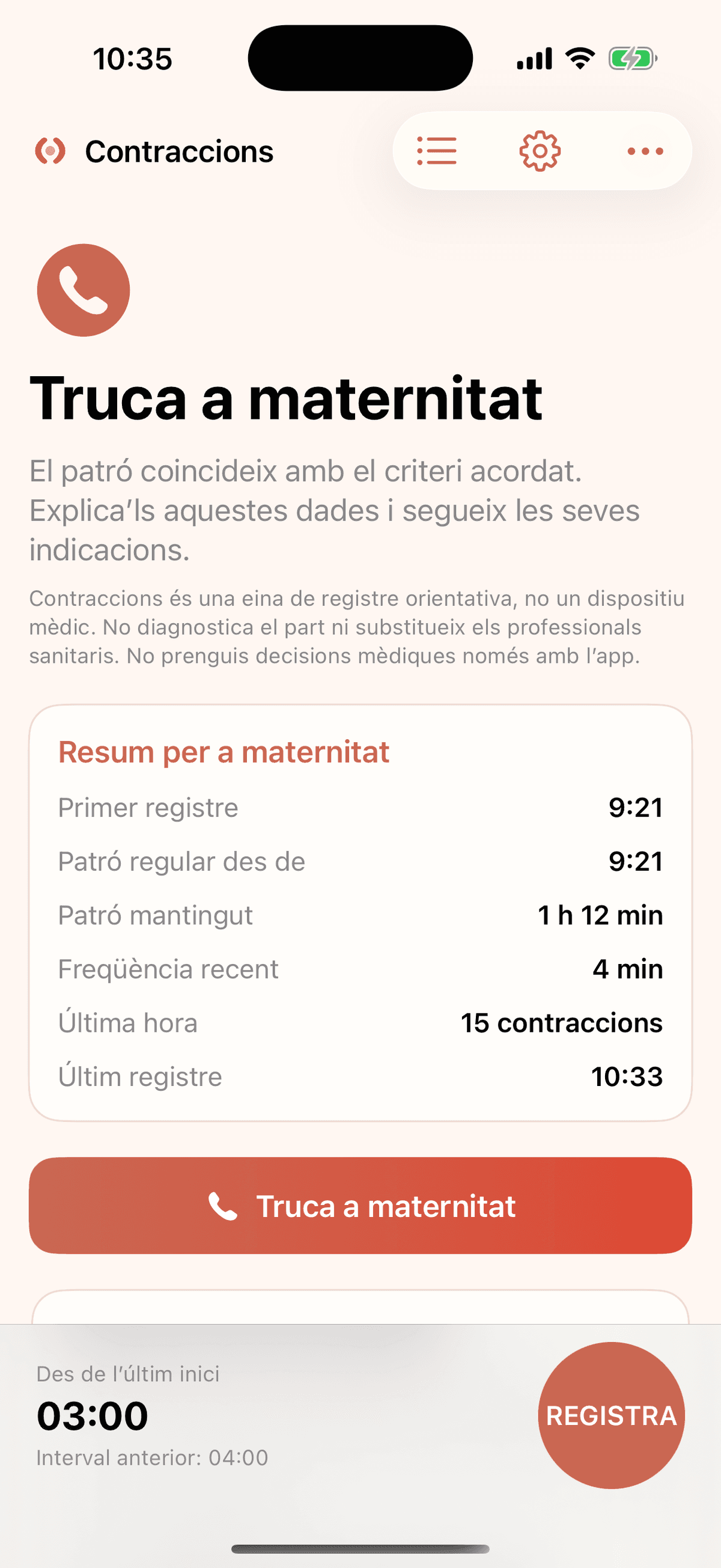 Contraccions screen showing that the configured contraction pattern has been reached