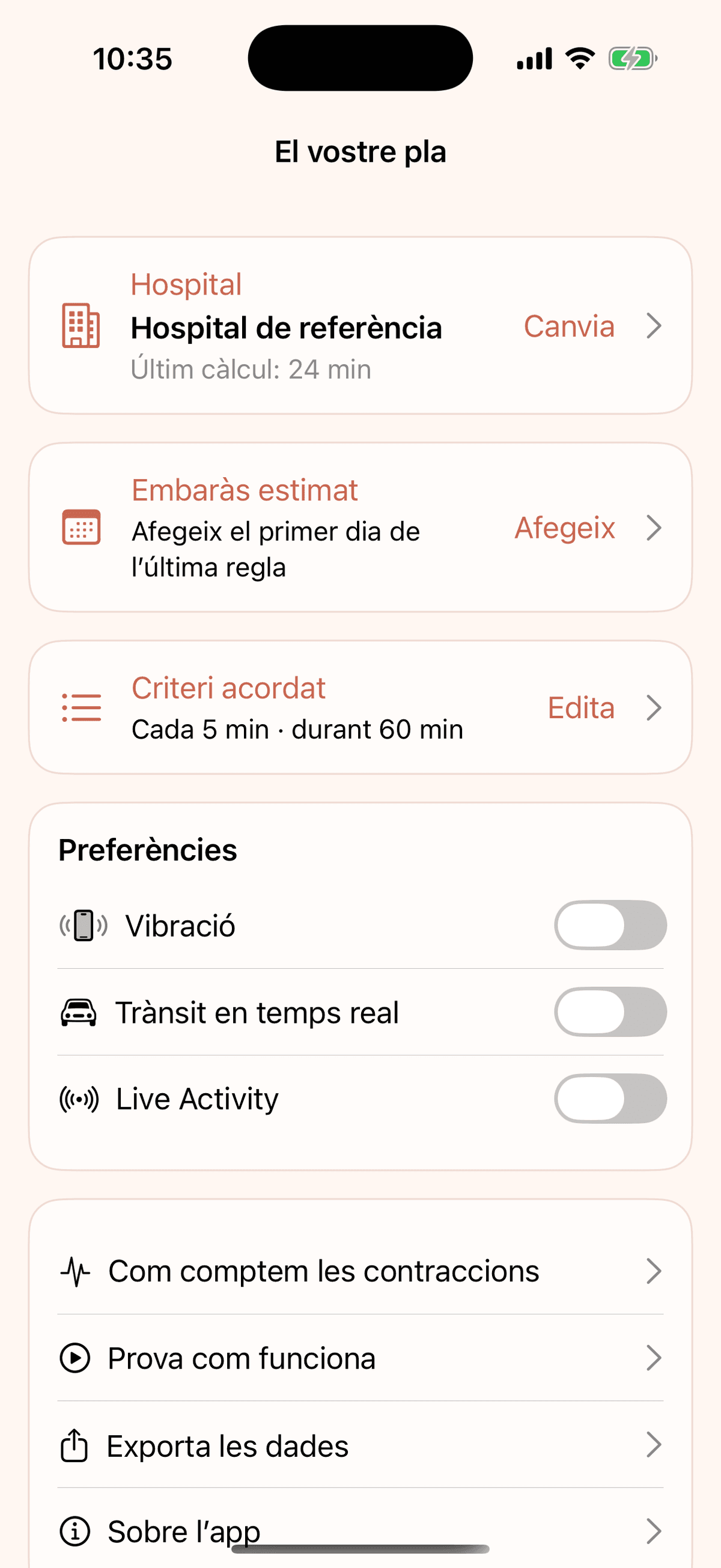 Contraccions hospital plan and preferences screen