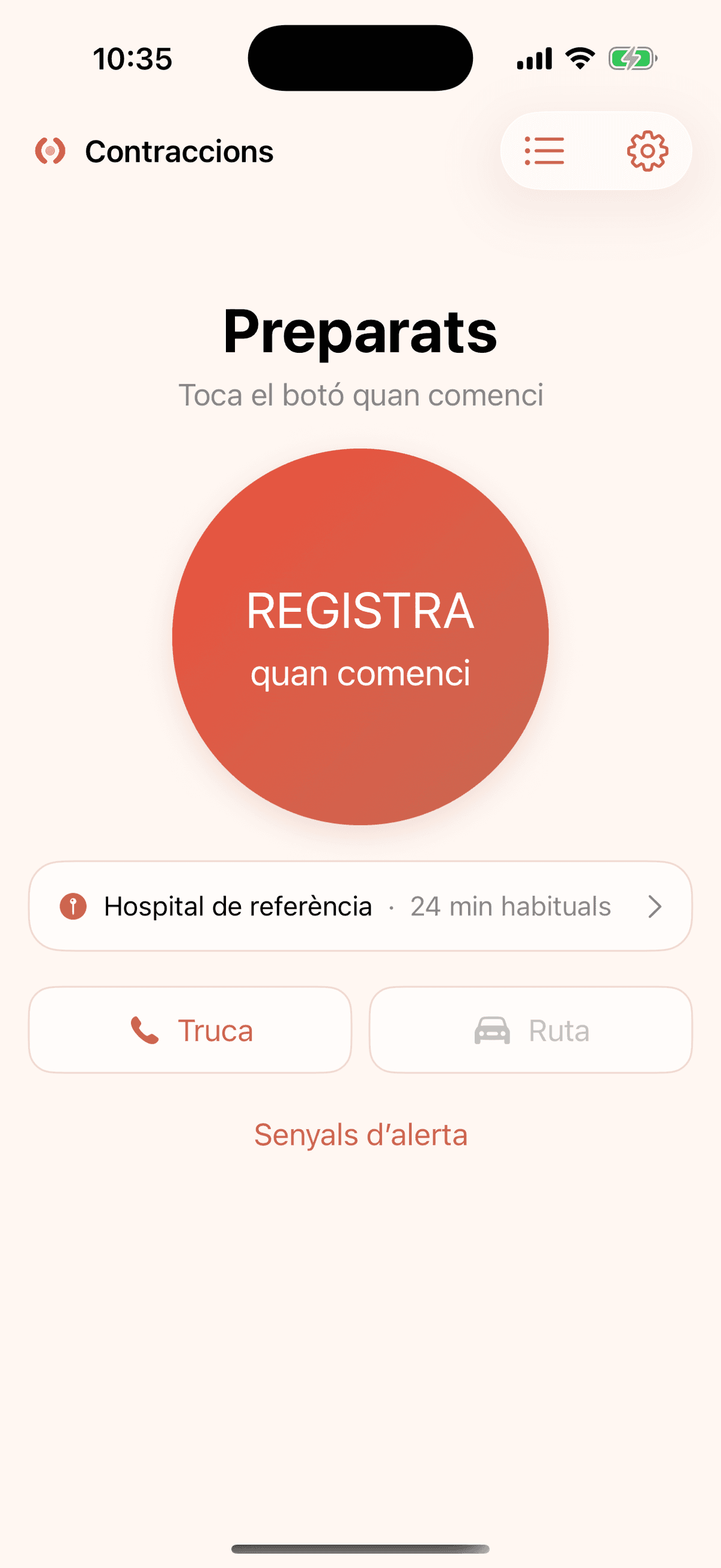 Contraccions ready screen with the large contraction recording button