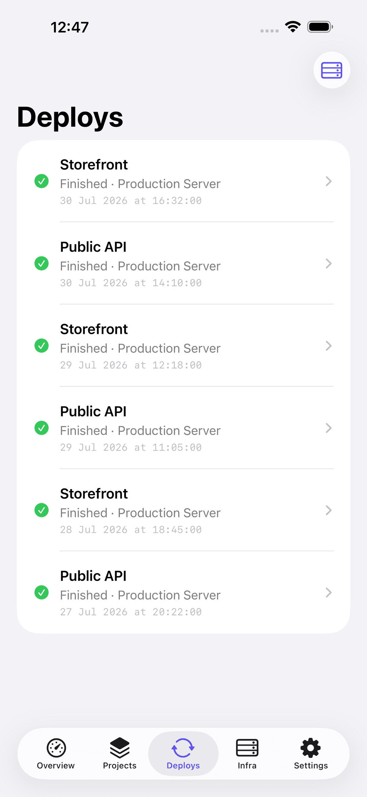 Orka deployments screen showing active and recent Coolify deployments