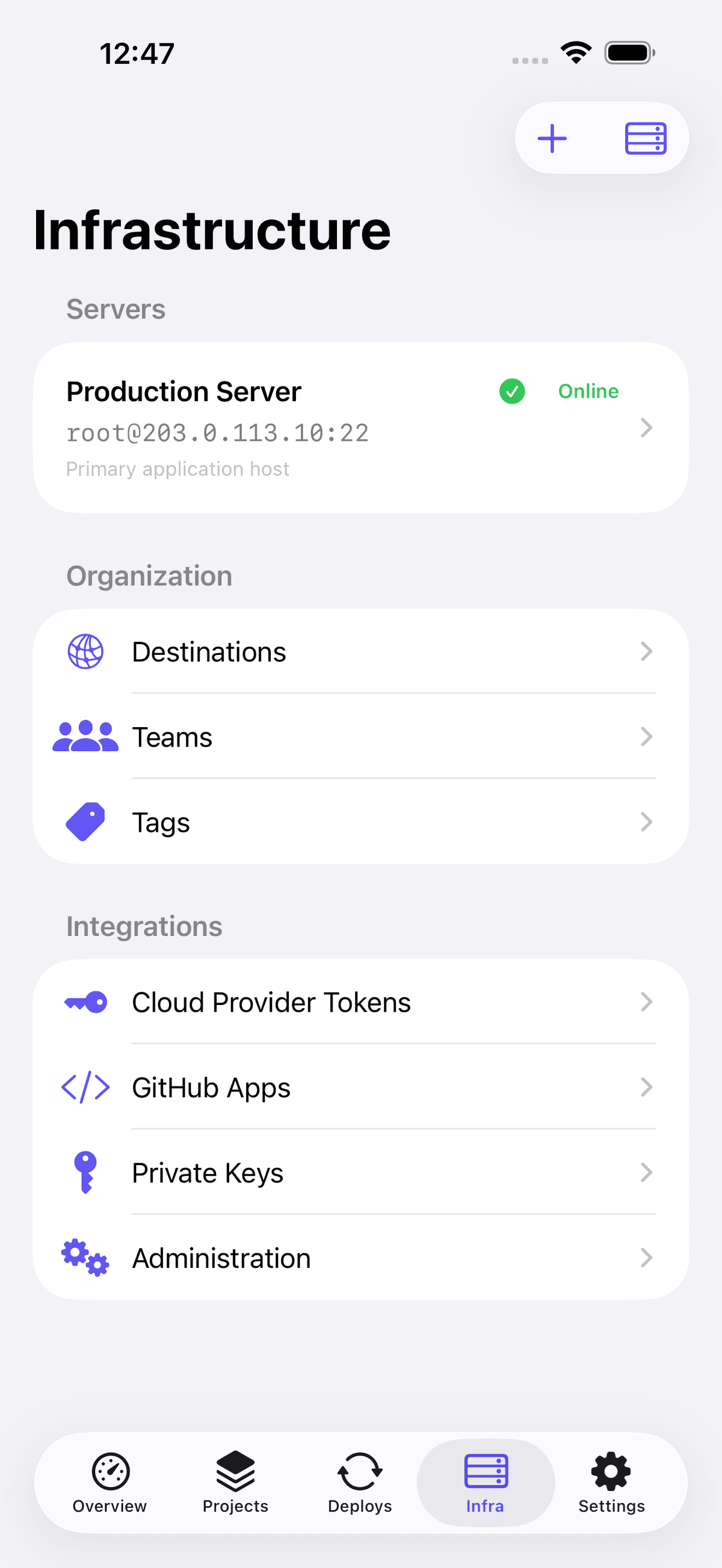 Orka infrastructure screen listing Coolify servers and destinations