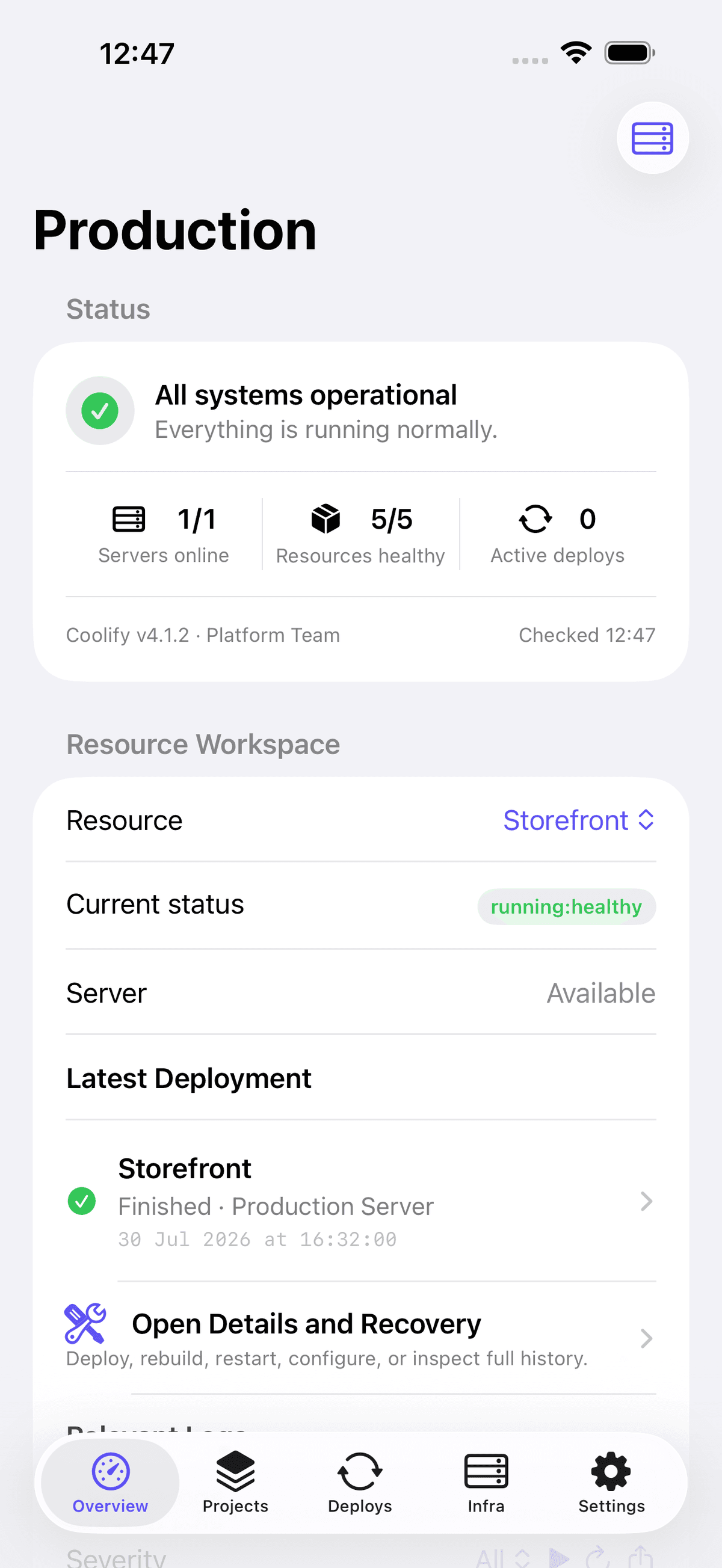 Orka overview showing the health of a Coolify installation and its resources