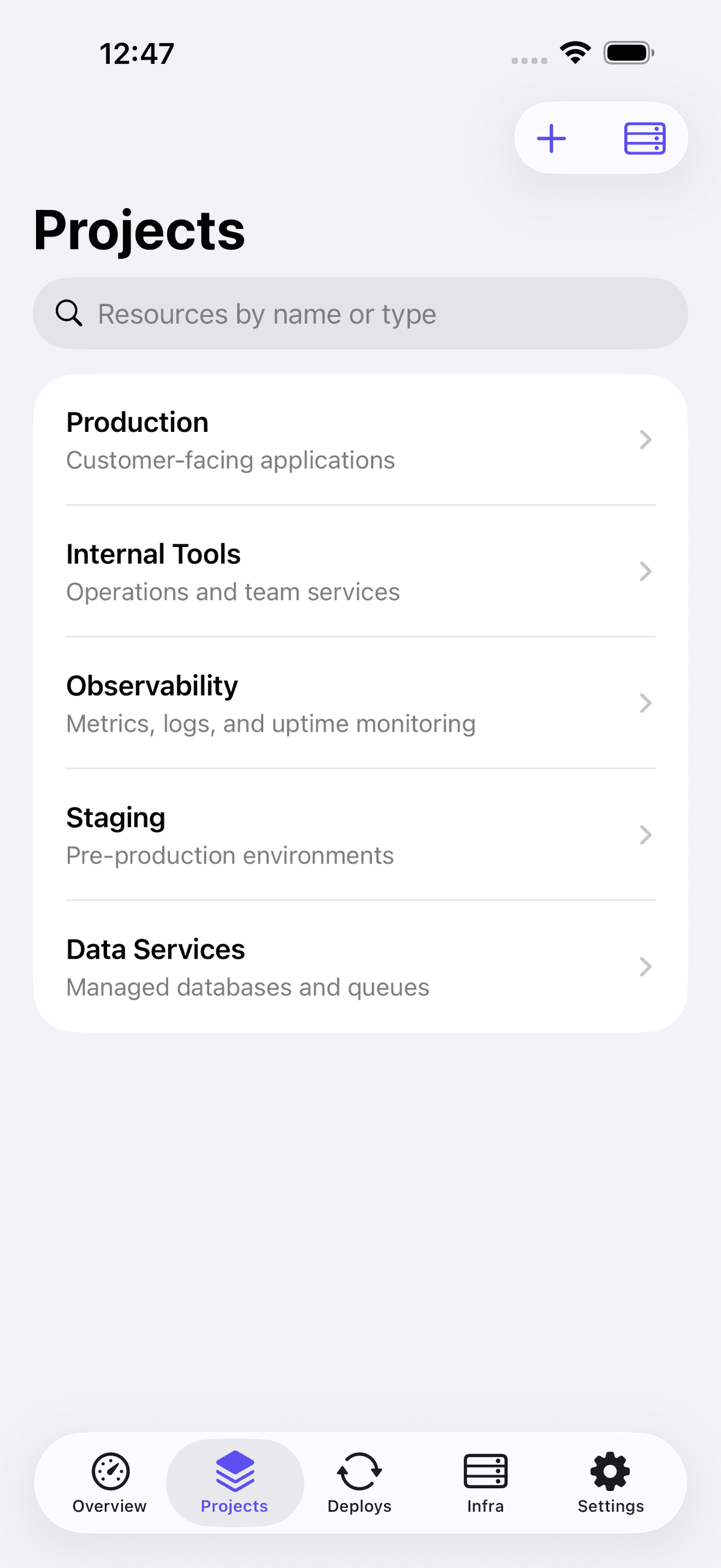 Orka projects screen listing Coolify projects and environments