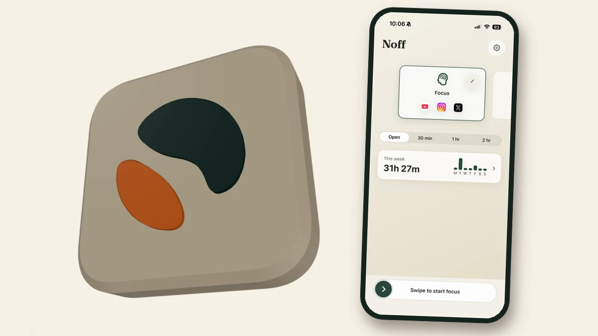 A rendered NFC token beside the Noff app on an iPhone