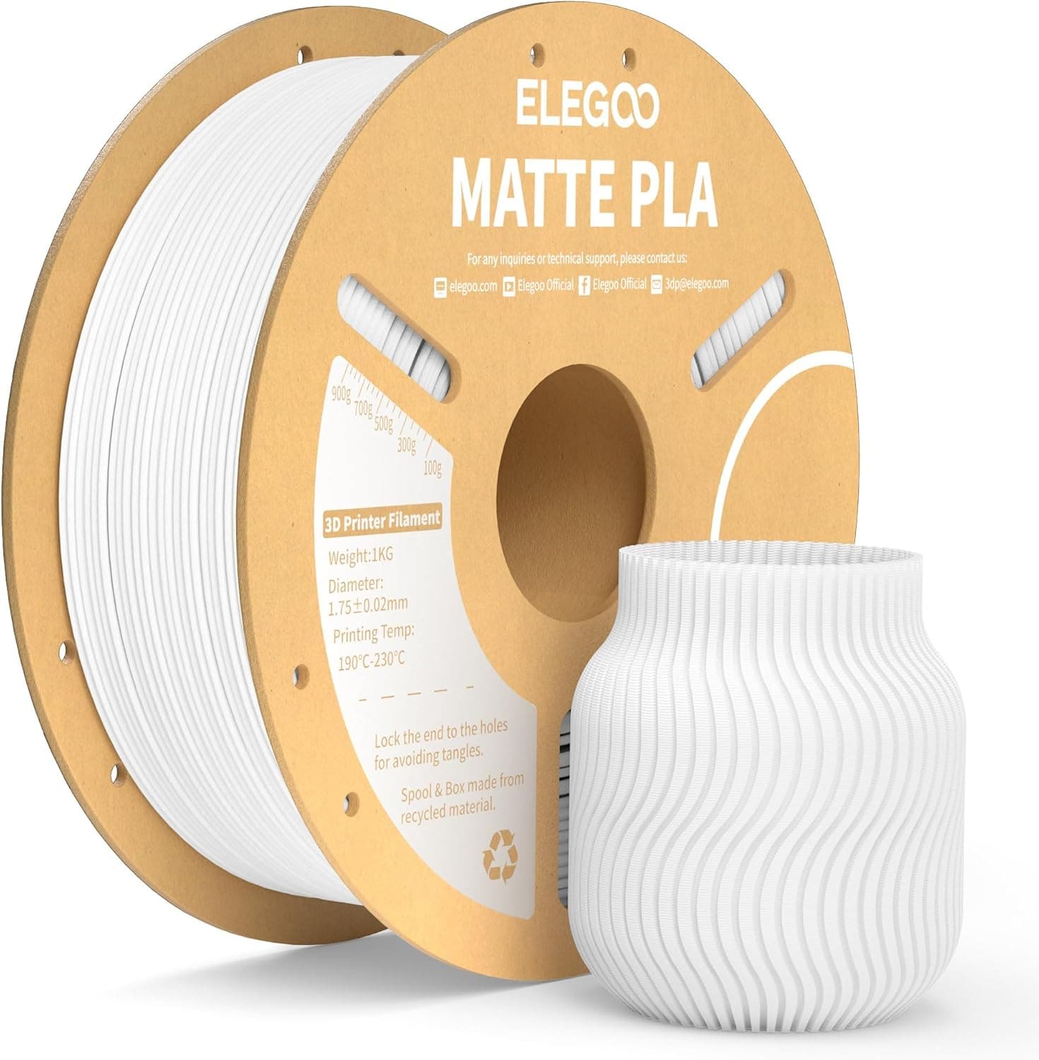 ELEGOO Matte PLA Filament, White (1 kg)