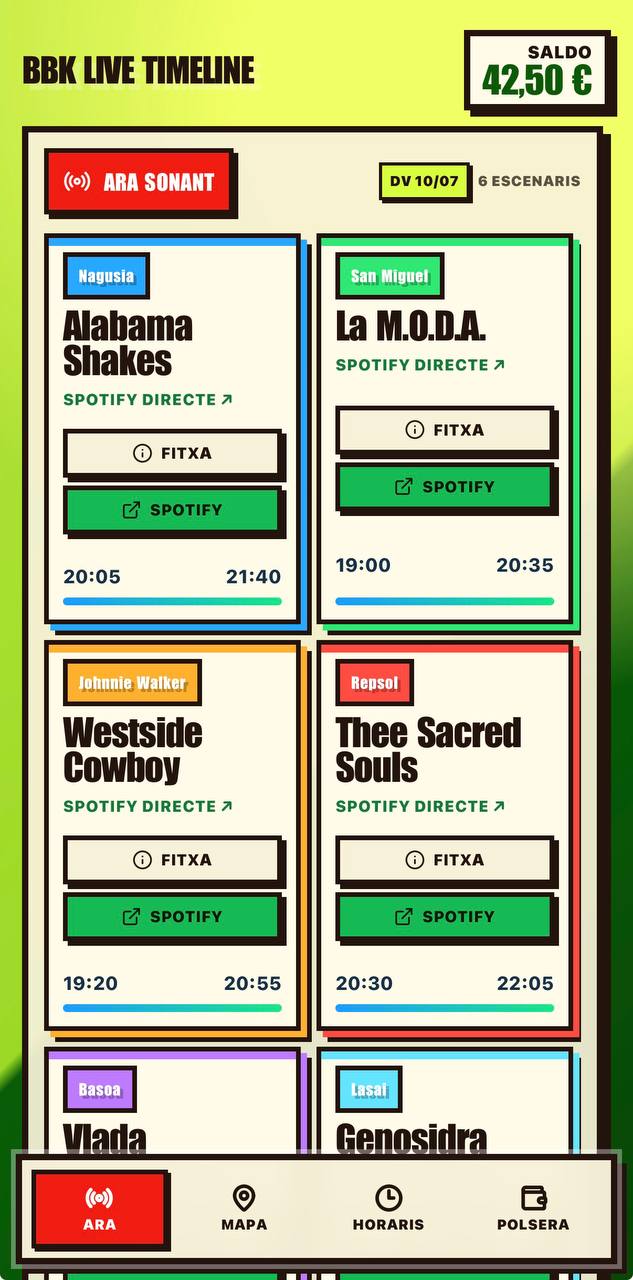 The Now screen showing the current performance on each BBK Live stage