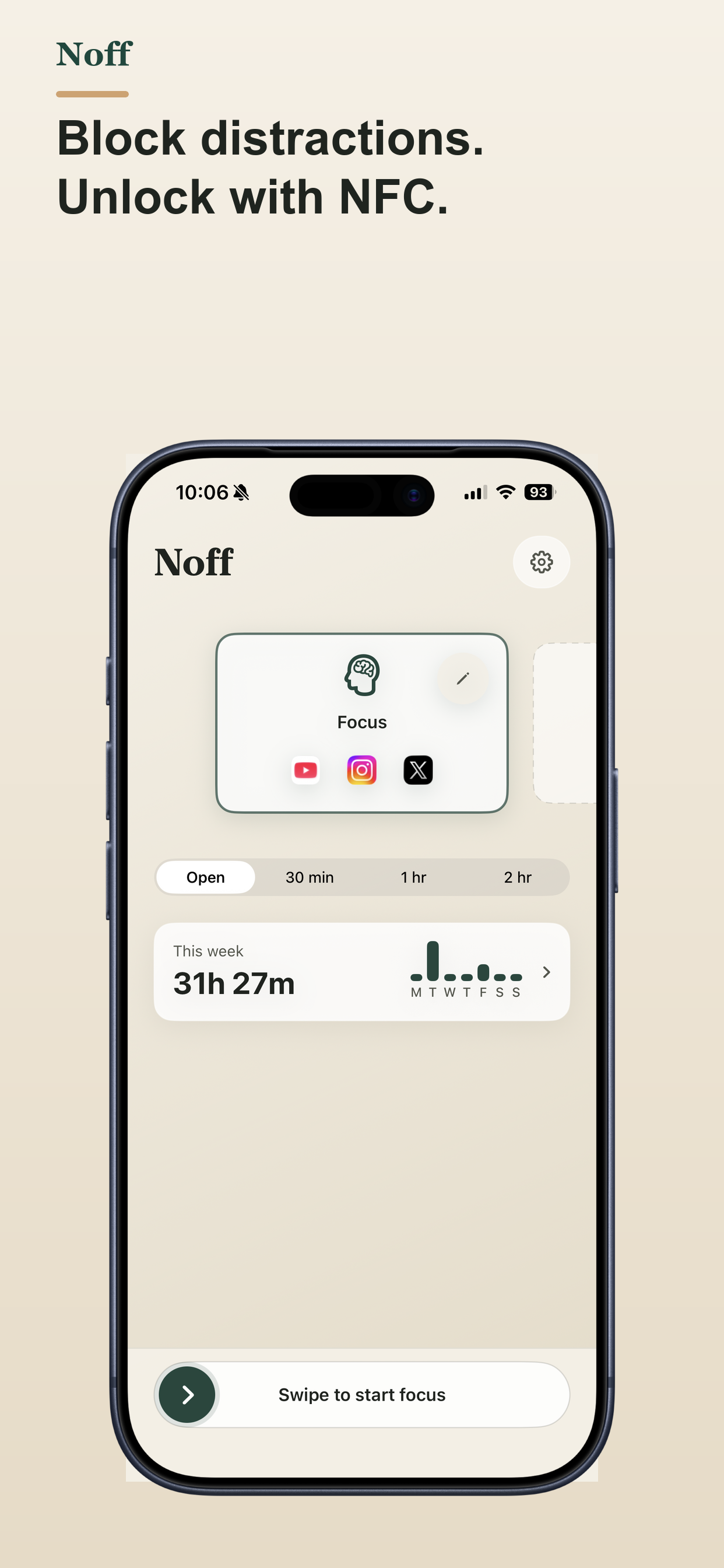 Noff home screen with a Focus profile and a swipe control to begin blocking apps