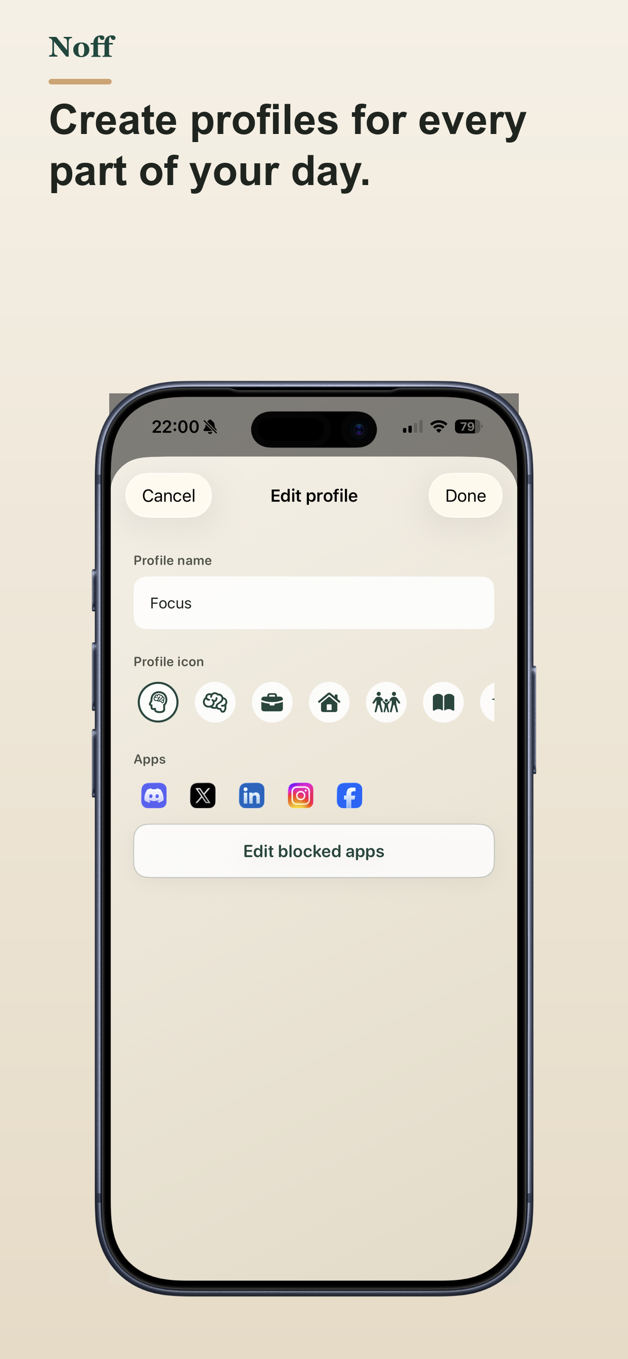 Editing a Noff profile with its name, icon, and selected distracting apps